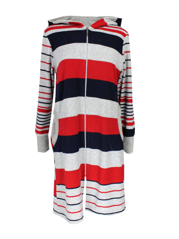 Aquarti Aquarti Damen Frottee Bademantel Gestreift mit Kapuze in rot/grau