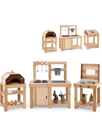 COSTWAY 3-IN-1 Matschküche mit BBQ-Grill und Pizzaofen in Hellbraun