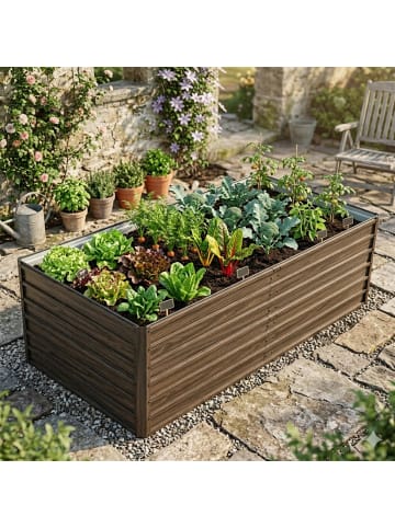 ABRIHOME Hochbeet in Holzfarbe 190x90x64 cm Metall offener Boden für Garten Terrasse