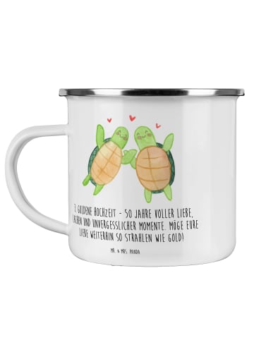 Mr. & Mrs. Panda Camping Emaille Tasse 50. Hochzeitstag mit Spruch in Transparent