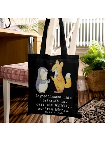 Mr. & Mrs. Panda Tragetasche Logopädin Superkraft mit Spruch in Schwarz
