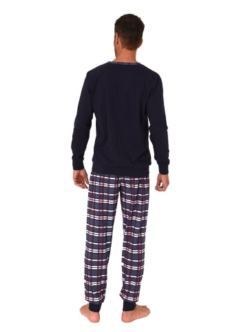 NORMANN langarm Schlafanzug Pyjama Bündchen und karierter Jersey Hose in navy