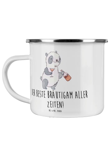 Mr. & Mrs. Panda Camping Emaille Tasse Bester Bräutigam mit Spruch in Transparent