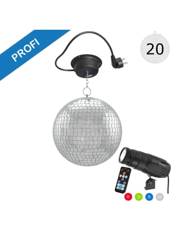 SATISFIRE Spiegelkugel Discokugel Komplettset D: 20cm mit Motor und RGB Pinspot