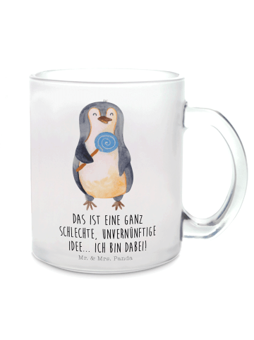 Mr. & Mrs. Panda Teetasse Glas Pinguin Lolli mit Spruch in Transparent