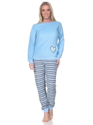 NORMANN Frottee Schlafanzug langarm Bündchen Herzmotiv in hellblau