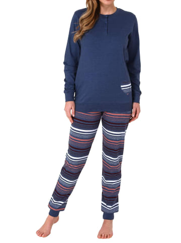 NORMANN Pyjama Bündchen und gestreifter Hose - 69179 in blau-melange
