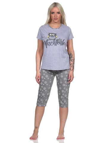 NORMANN kurzarm Schlafanzug Capri Pyjama Eulen "Nachteule" - 79941 in grau