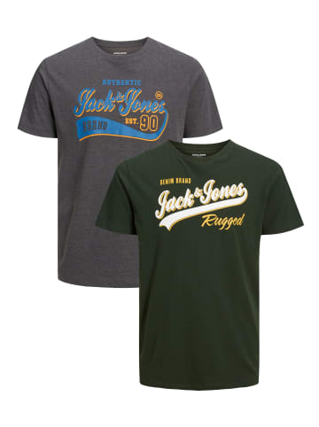 Jack & Jones 2-er Set Logo T-Shirt Kurzarm Shirt Übergröße JJELOGO in Grau-Grün