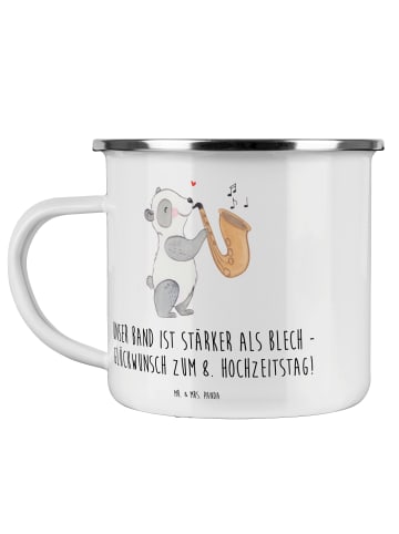 Mr. & Mrs. Panda Camping Emaille Tasse 8. Hochzeitstag Blechhoch... in Weiß
