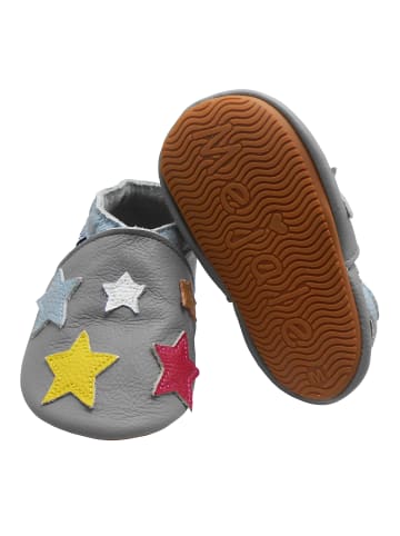 Mejale Graue Babyschuhe aus echtem Leder mit rutschfester Sohle – buntem Sternenmuster