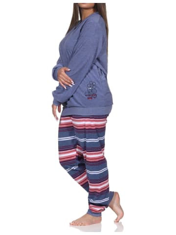 NORMANN Frottee Schlafanzug lang Bündchen Hose gestreift - 81799 in blau