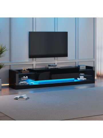 ABRIHOME Weißer Hochglanz-TV-Schrank mit LED, Glasfront und 2 Klappschubladen