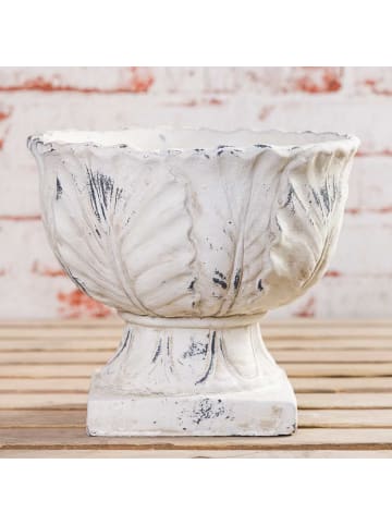 AltoBelli Blumentopf VERONA auf Fuß mit Blatt Muster Creme Zement 22x19 cm