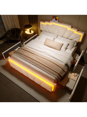 ABRIHOME LED Polsterbett mit Lattenrost und USB in Beige 140x200