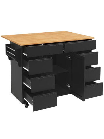 ABRIHOME Kücheninsel in Schwarz mit Rollen Arbeitsplatte Gewürzregal und 8 Schubladen 