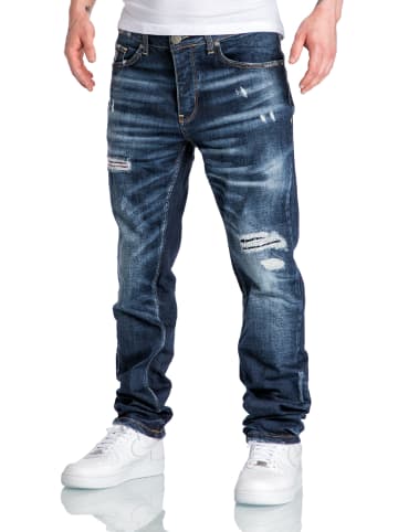 Amaci&Sons Regular Fit Destroyed Jeans KANSAS in Dunkelblau (Patches)