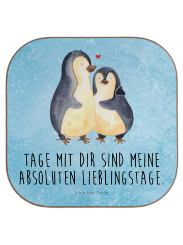 Mr. & Mrs. Panda Tassenuntersetzer Pinguin umarmen mit Spruch in Eisblau