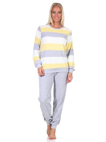 NORMANN Frottee Pyjama lang Bündchen Streifen - 65684 in gelb
