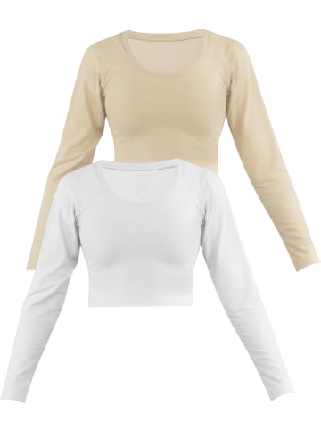 Janice 2 x Damen crop Langarmshirt Nerja in Beige/Weiß