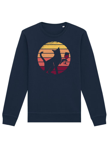 wat? Apparel Sweatshirt Sunset Katze & Rotwein in Dunkelblau