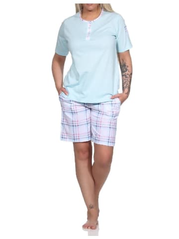NORMANN kurzarm Schlafanzug Shorty karierter Hose Jersey - 79025 in hellblau