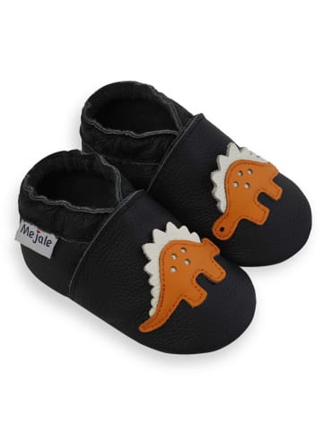 Mejale Schwarze Babyleder-Kleinkindschuhe, rutschfeste Sohle - Triceratops-Muster