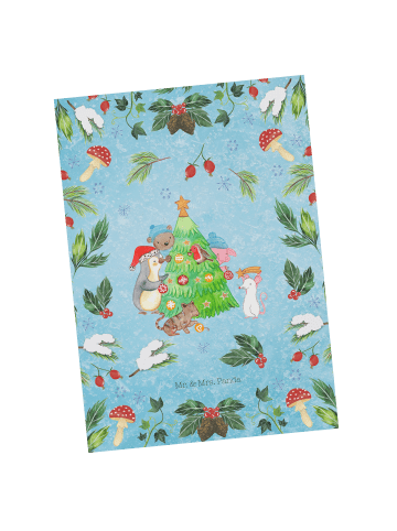 Mr. & Mrs. Panda Postkarte Weihnachtsbaum schmücken ohne Spruch in Eisblau