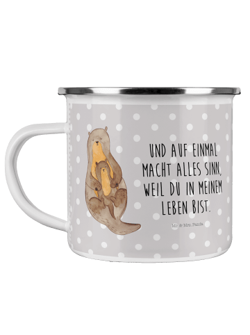 Mr. & Mrs. Panda Camping Emaille Tasse Otter Kind mit Spruch in Grau Pastell