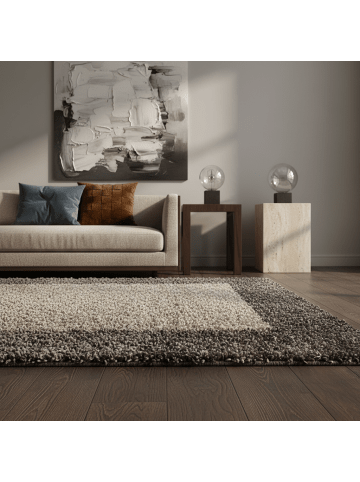 KADIMA DESIGN Teppich Hochflor Shaggy Waschbar Bordüre RHEIN Strapazierfähig in Taupe