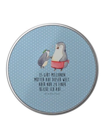 Mr. & Mrs. Panda Blechdose rund Pinguin mit Kind mit Spruch in Blau Pastell