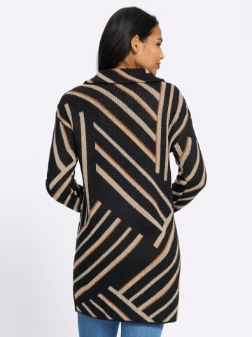 Sieh an! Long-Strickjacke in schwarz-beige-gemustert