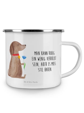 Mr. & Mrs. Panda Camping Emaille Tasse Hund Blume mit Spruch in Weiß