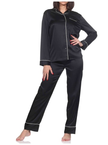 NORMANN Satin Schlafanzug langarm Pyjama Knopfleiste in schwarz