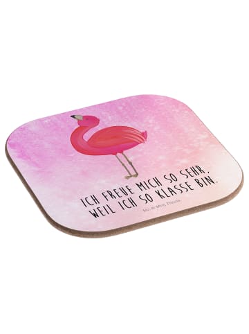 Mr. & Mrs. Panda Holzuntersetzer Flamingo Stolz mit Spruch in Aquarell Pink