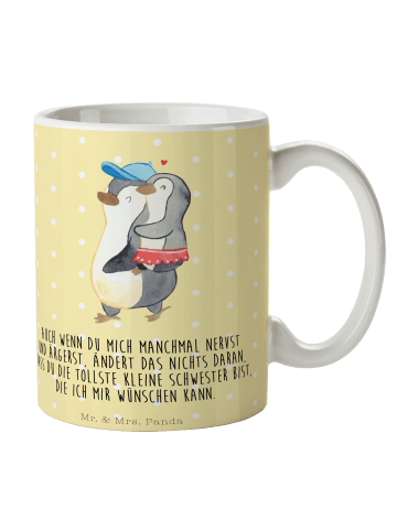 Mr. & Mrs. Panda Teetasse Pinguin Kleine Schwester mit Spruch in Gelb Pastell