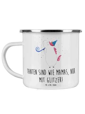 Mr. & Mrs. Panda Camping Emaille Tasse Glitzernde Tante mit Spruch in Weiß