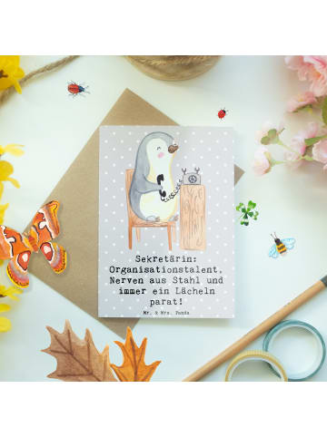 Mr. & Mrs. Panda Grußkarte Sekretärin Heldin mit Spruch in Grau Pastell