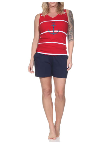 NORMANN Ärmelloser Spaghetti Pyjama Schlafanzug Shorty Maritimer Look in rot
