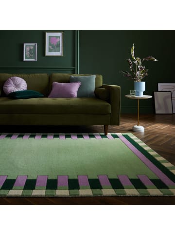 KADIMA DESIGN Wollteppich Geometrisch, Rahmen, Wohnzimmer schmutzabweisend in Grün-Lila