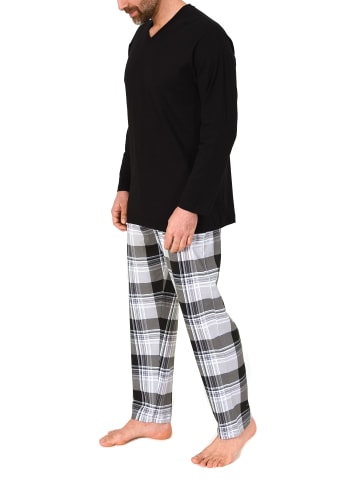 NORMANN Schlafanzug langarm mit karierter Jersey Hose in dunkelgrau