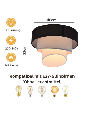 ZMH Deckenleuchte in Schwarz 1-flammige E27 Stoffschirm Ø40cm Modern