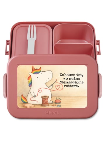 Mr. & Mrs. Panda Brotbox Einhorn Näherin Design mit Spruch in Rot Pastell