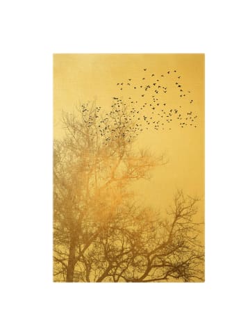 WALLART Leinwandbild Gold - Vogelschwarm vor goldenem Baum in Gold