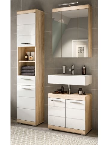 Inn.Furn Badmöbel-Set weiß Hochglanz, Eiche 3-teilig 112 cm, Kombination viel Stauraum
