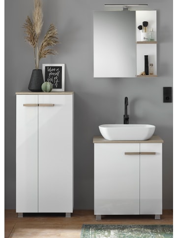 Furn.Design Badmöbel-Set weiß Hochglanz Lack, Eiche 130 cm mit Waschbecken hängend / stehend