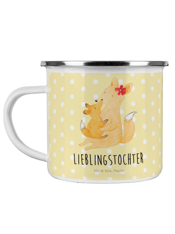 Mr. & Mrs. Panda Camping Emaille Tasse Fuchs Mama mit Spruch in Gelb Pastell