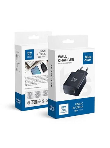 BlueStar ReiseladegerätUSB C+USB-A Buchsen PD QC4.0 3A 25W TFB-TC-25WPD in Schwarz