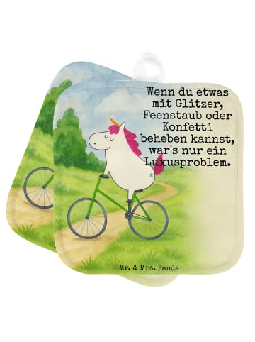 Mr. & Mrs. Panda Topflappen Einhorn Radfahrer Design mit Spruch in Weiß