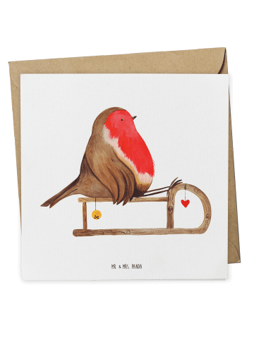 Mr. & Mrs. Panda Einladungskarte Rotkehlchen Schlitten ohne Spruch in Weiß